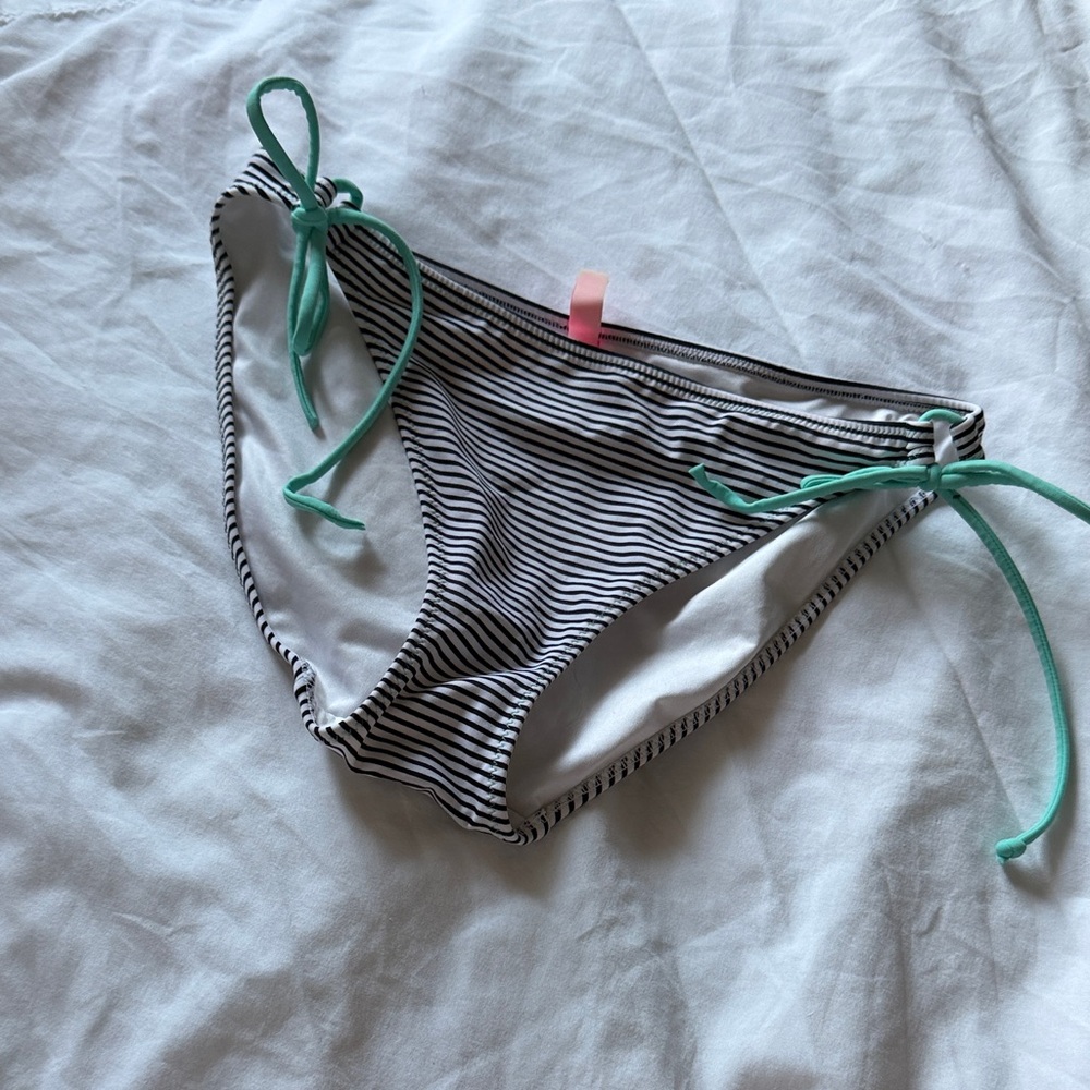 Victoria's Secret Black and White Striped Bikini Bottom with Green Ties